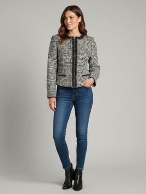 Stella & Jamie Women's Medium Tweed Faux Fur Trim Zip Jacket Cropped Black Cream